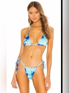 FRANKIES BIKINIS Nicola Top in‎ Aqua Sz L EUC Velour Beach Pool Swim Tie Dye